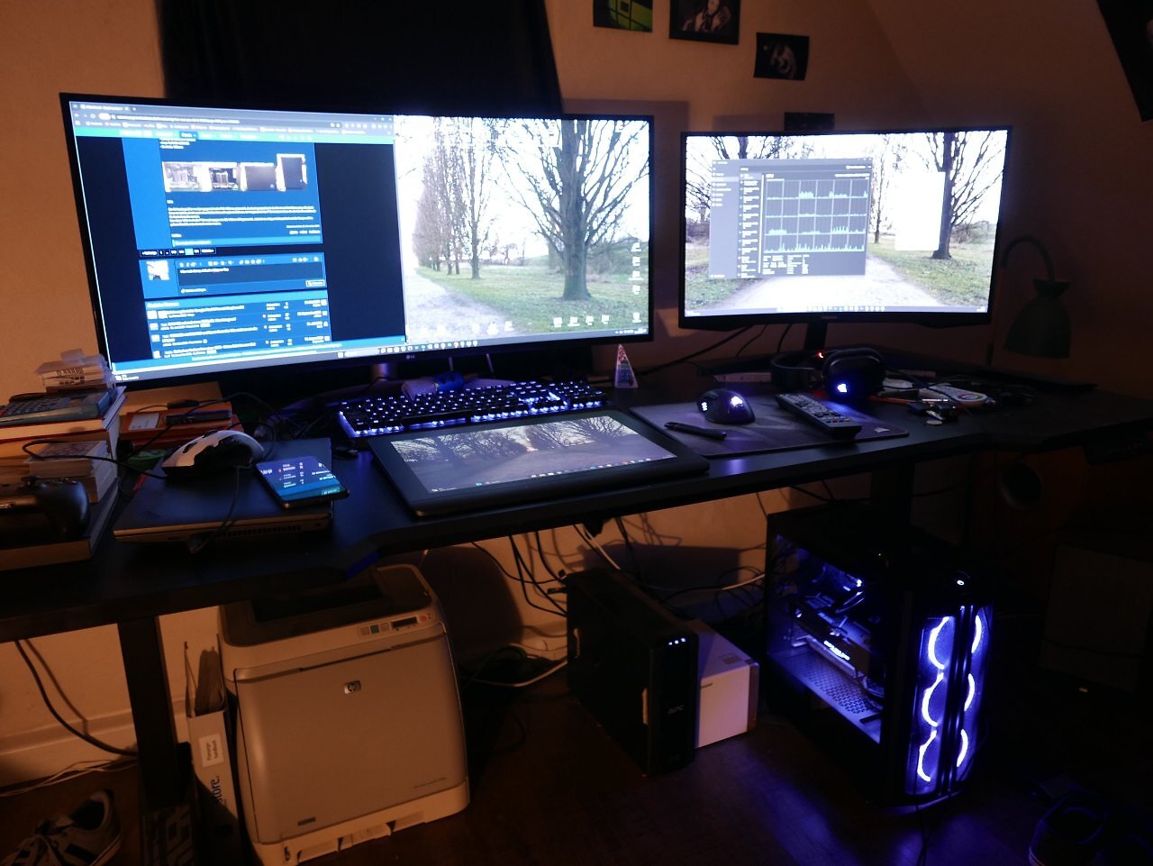[16/01/2026] Logos_Atum: Hier mein Setup, inklusive Mess on TopMainboard Pro Z 790-A WIFICPU 12th Gen Intel(R) Core(TM) i9-12900KF (3.20 GHz)CPU Kühler BeQuiet PureLoop 360RAM 64 GB Corsair 6000@ 5066 (1:19,40,40,40,77,117,2T)GPU KFA2 3080 TiNetzteil BeQuiet Straight Power 800WDatenträger Intel 380GB PCIE SSDSamsung 960 M2 500GBSamsung 980 M2 1TB2x Samsung 850 SATA SSD als Raid 0Seagate FireCuda 530 1TB2x 4TB Seagate Iron WolfQNAP TS-462-2G NAS System 4-Bay4x 4TB Seagate IronWolf als Raid 52x 1TB Crucial P3 CacheErweiterungs-KartenFiiO X3 als DACMonitor LG 5K Ultrawide curvedSamsung (G5) QHD 144hz curvedXP Pen Tablet (2560x1600 8 Bit)Gehäuse BeQuiet PureBase 501 mit PureBase 500DX FrontTastatur Razer BlackWiddow V3Maus Corsair IronClaw RGBAnzahl Gehäuselüfter 6Betriebssystem Windows 11Erfolgte MaßnahmenCPU OC multiplier based. Higher all core, custom boost groups for all core active groups, die level seperated high clocking cores, boost duration infiniteGPU UV, occasionally OC for benchrunsAll fan curves custom