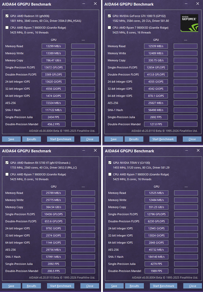 [11/02/2026] AIDA64 GPGPU Benchmark: Radeon VII vs. GTX 1080 Ti vs. RX 5700 XT vs. Titan V