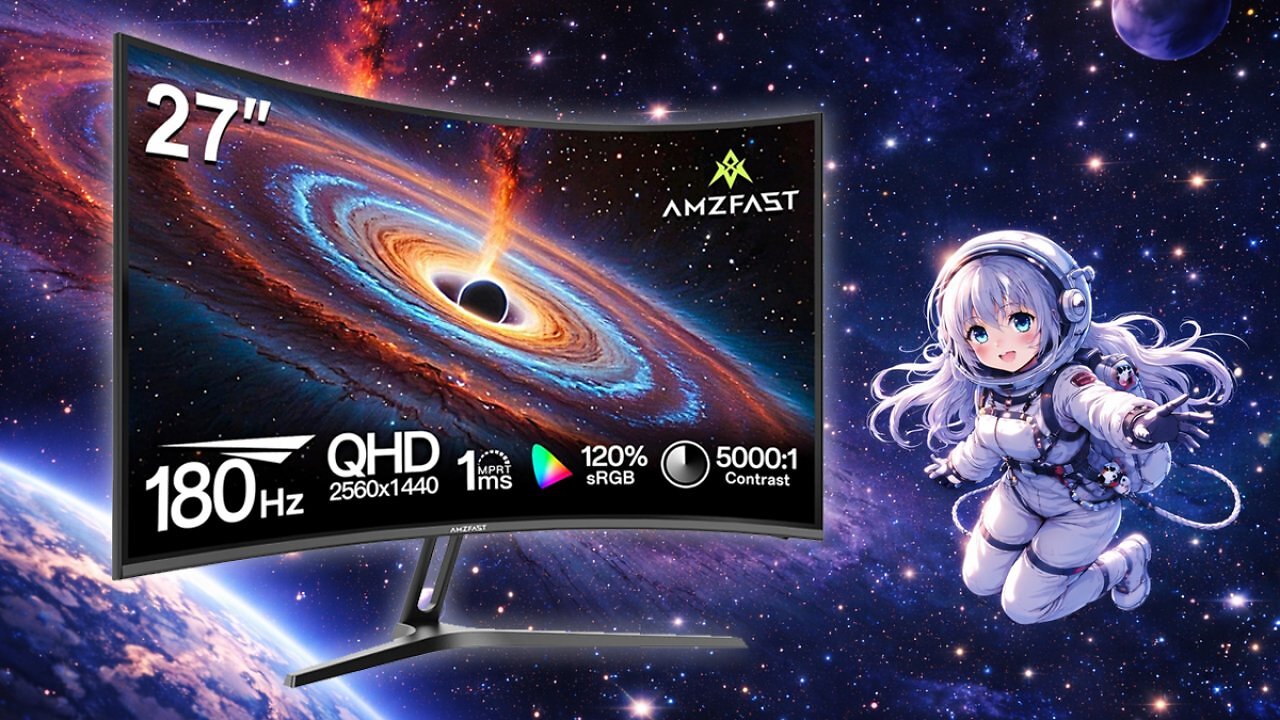 [04/02/2026] Amzfast Curved Gaming Monitor 27 Zoll - 180Hz, QHD 2560x1440, 1500R, 1ms MPRT, Adaptive Sync, 120% DCI-P3 / 5000:1 Kontrast, HDR10, 300 cd/m², VESA 100×100, HDMI 2.0×2, DP 1.2×2 - AMZG27C1Q Amazon Angebot