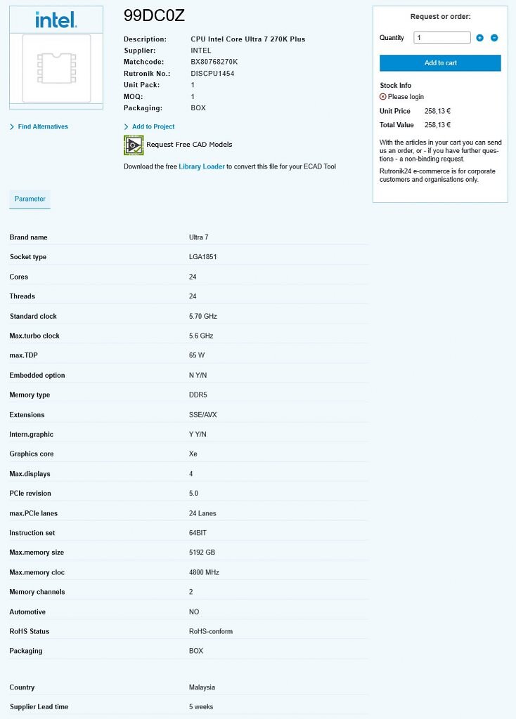 [05/02/2026] Ein US-Händler nennt Spezifikationen zum Core Ultra 7 270K Plus. Diese sind aber nicht ganz stimmig.
