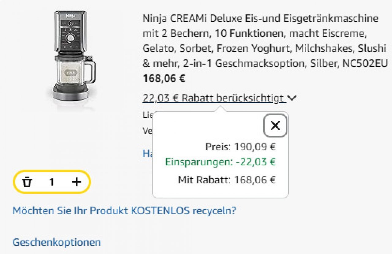 [06/02/2026] Gleiches Spiel bei der Ninja Creami Deluxe NC502EU: Auch hier spiegelt Amazon den Media-Markt-Preis mittels Extra-Rabatt.
