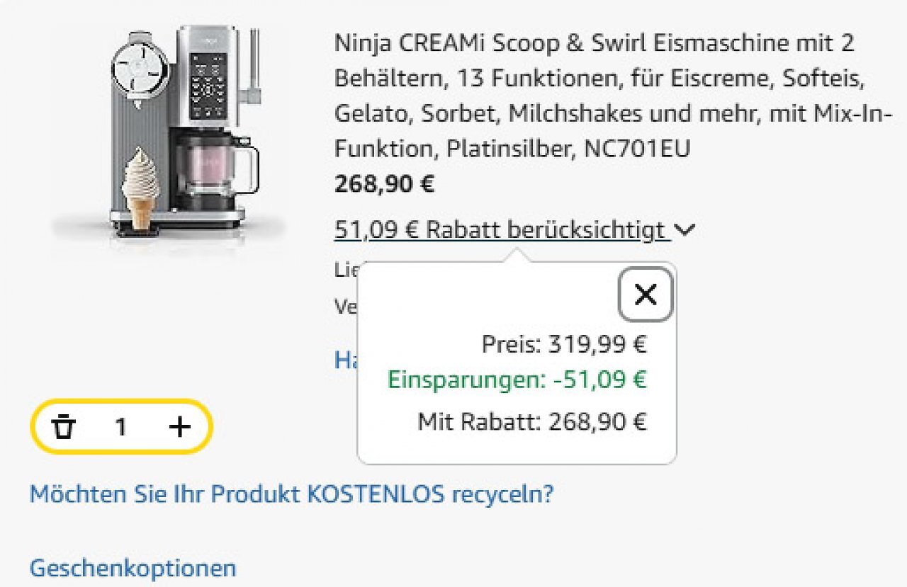 [06/02/2026] Amazon zieht mit: Bei der Ninja Creami Swirl NC701EU gibt es im Einkaufswagen 51,09 Euro Extra-Rabatt.