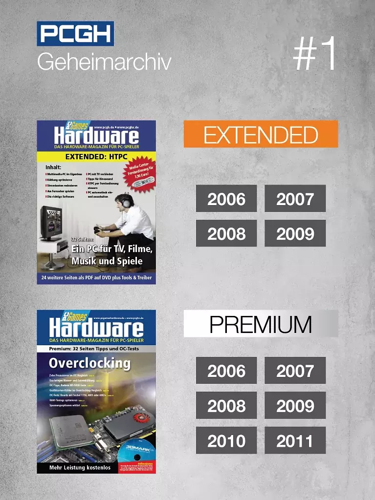 [25/02/2026] Das PCGH-Geheimarchiv #1 bündelt auf der DVD der Ausgabe 04/2026 mehrere unserer Sonderausgaben als PDF mit über 1.500 Seiten. Enthalten im ersten Teil der Sammlung sind Jahrgänge von PCGH Extended (2006-2009) sowie PCGH Premium (2006-2011, u. a. 