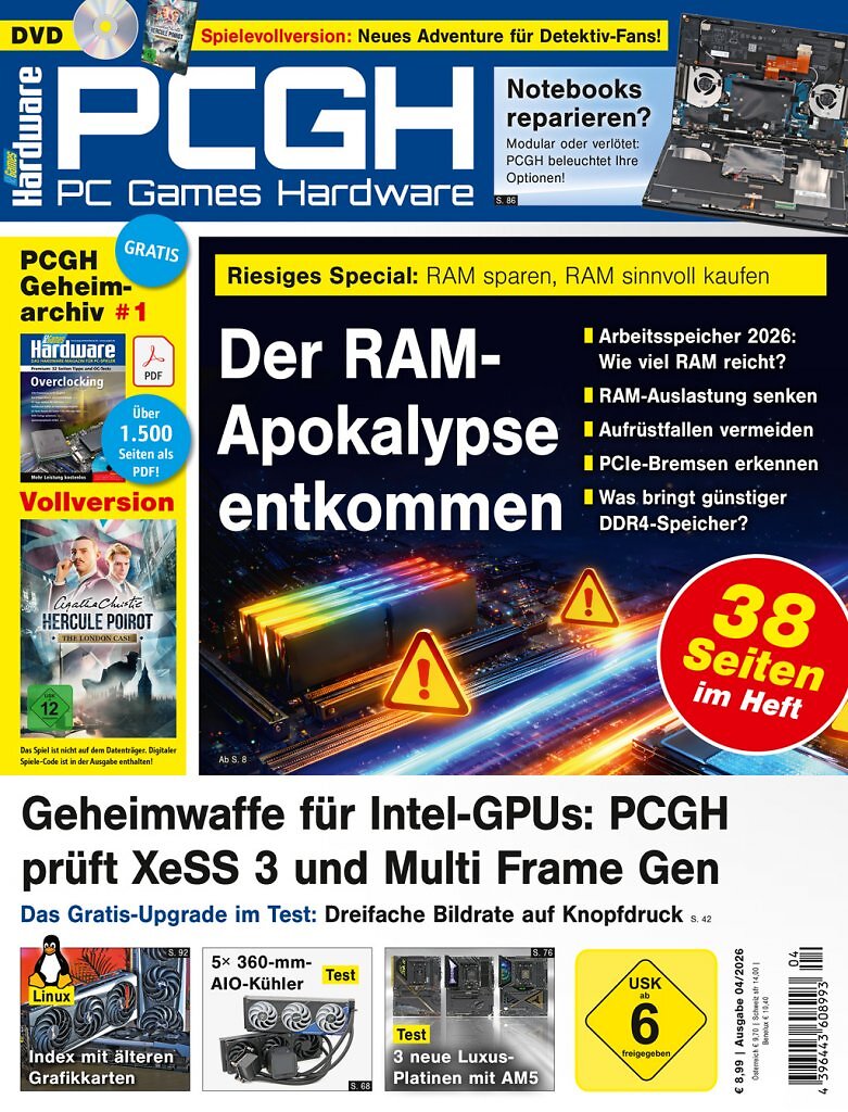 [25/02/2026] DVD-Cover der PCGH-Ausgabe 04/2026. Mit dabei sind das Geheimarchiv #1 als PDF-Sammlung sowie Hercule Poirot – The London Case als Steam-Key.