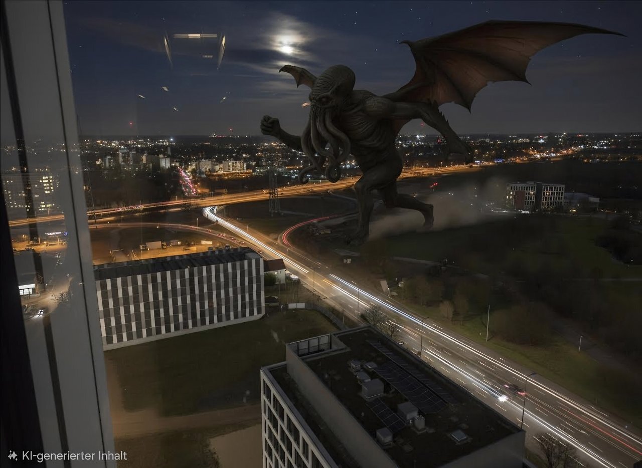 KI-Bild einer Autobahn bei Nacht, über die Cthulu rennt
