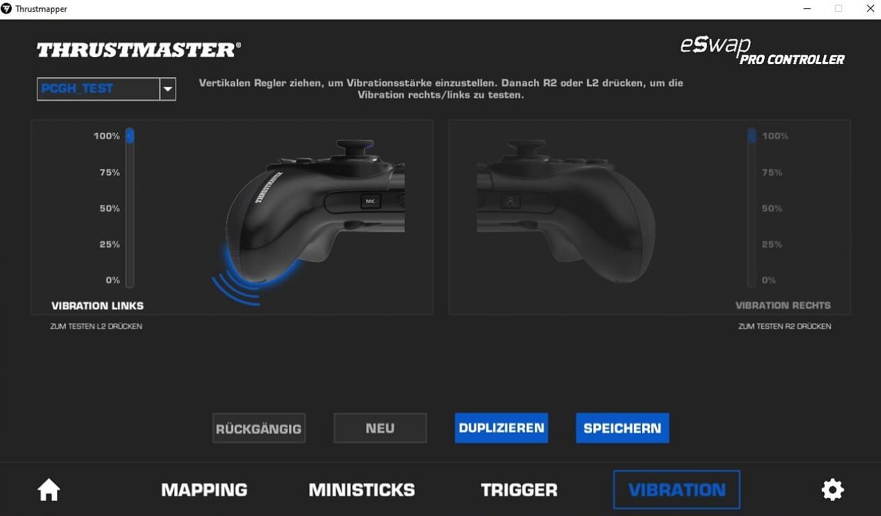 [02/02/2026] Mithilfe der Vibrationsfunktion vermittelt das Gamepad ein haptisches Feedback und verbessert so das Spielerlebnis enorm. Beim Thrustmaster eSwap Pro können Sie etwa in der Software die Vibrationsstärke selbst festlegen.