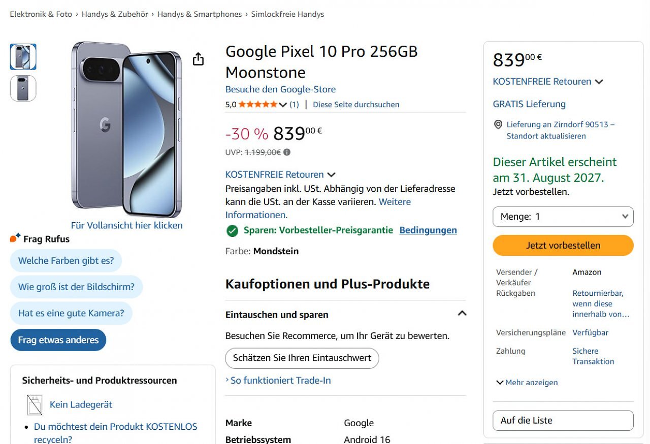 [04/03/2026] Nur 839 Euro? Amazon-Angebot vom 04.03.2026 für das Google Pixel 10 Pro mit 256 GiByte Speicher.