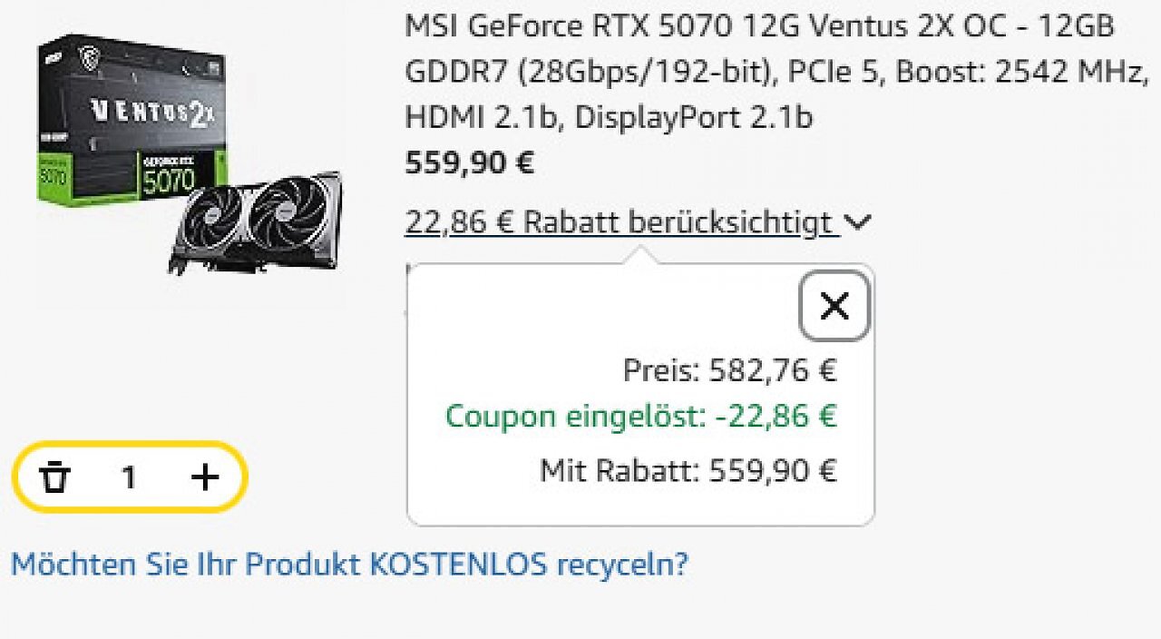 [23/03/2026] Der Coupon in Aktion: Der Preis für die Grafikkarte sinkt im Warenkorb auf 559,90 Euro.