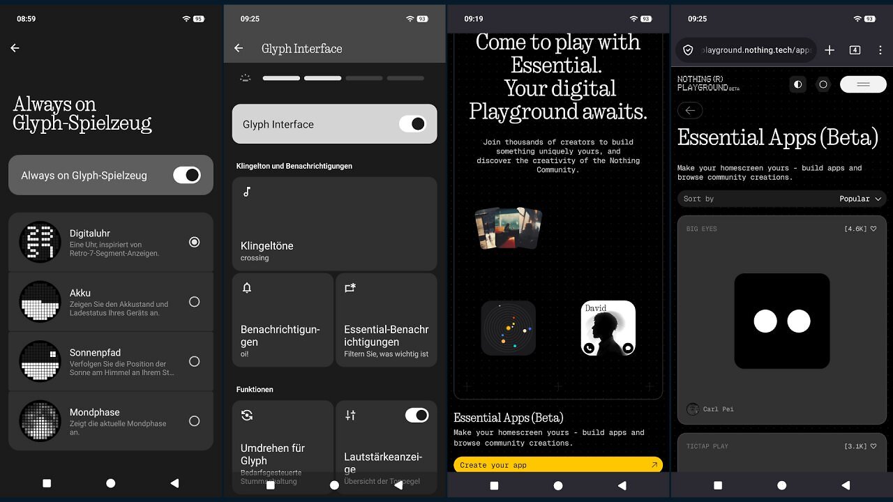 Screenshots der speziellen Nothing Features
