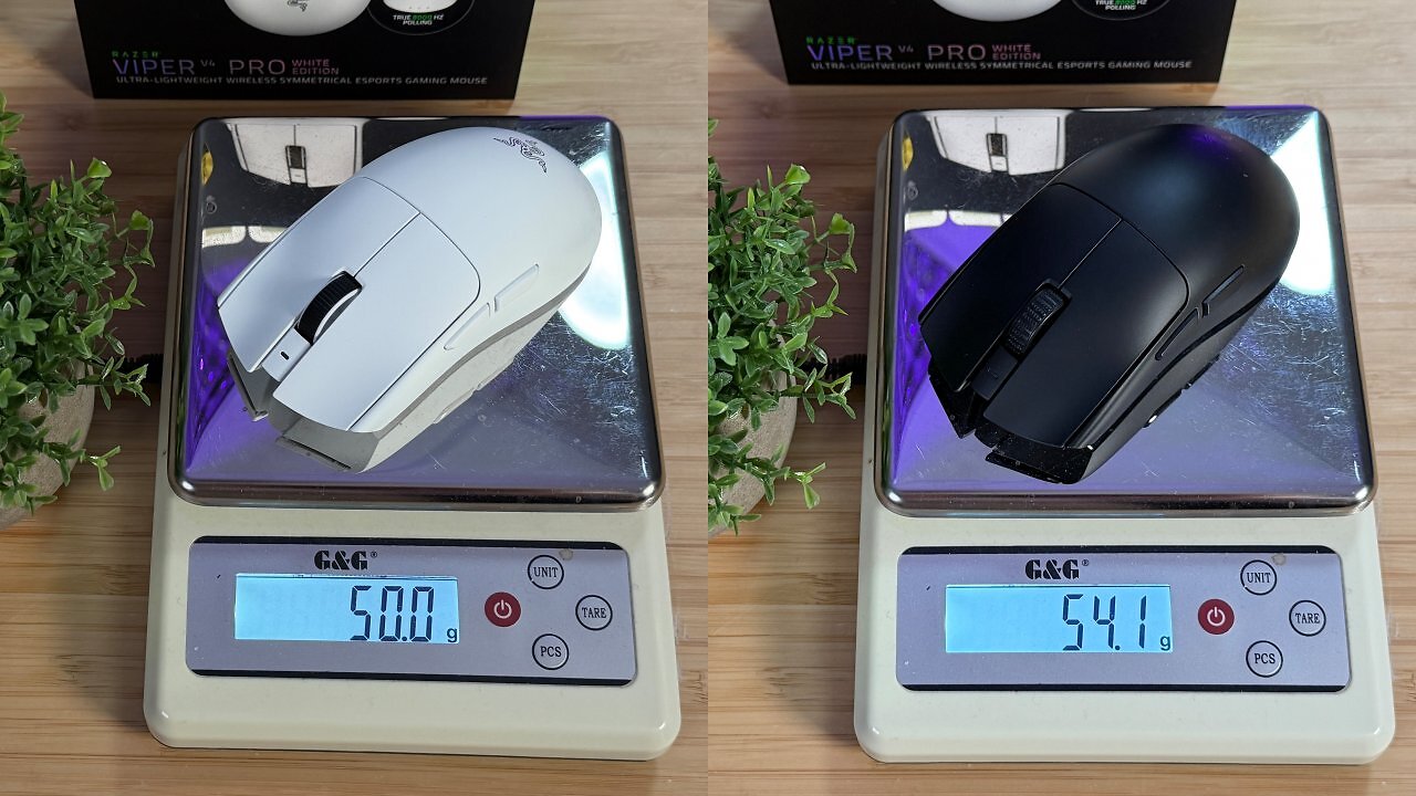 [23/03/2026] Die weiße Variante der Viper V4 Pro wiegt dank ihrer Beschichtung 50 g statt nur 49 g. Das erklärt, warum sie im Vergleich mit der schwarzen Viper V3 Pro nur 4 g 
