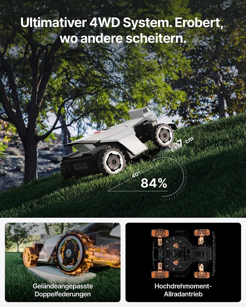 Der Segway Navimow X420 ist ein Mähroboter mit TÜV-Zertifikat. Er sei besonders rasendschonend.