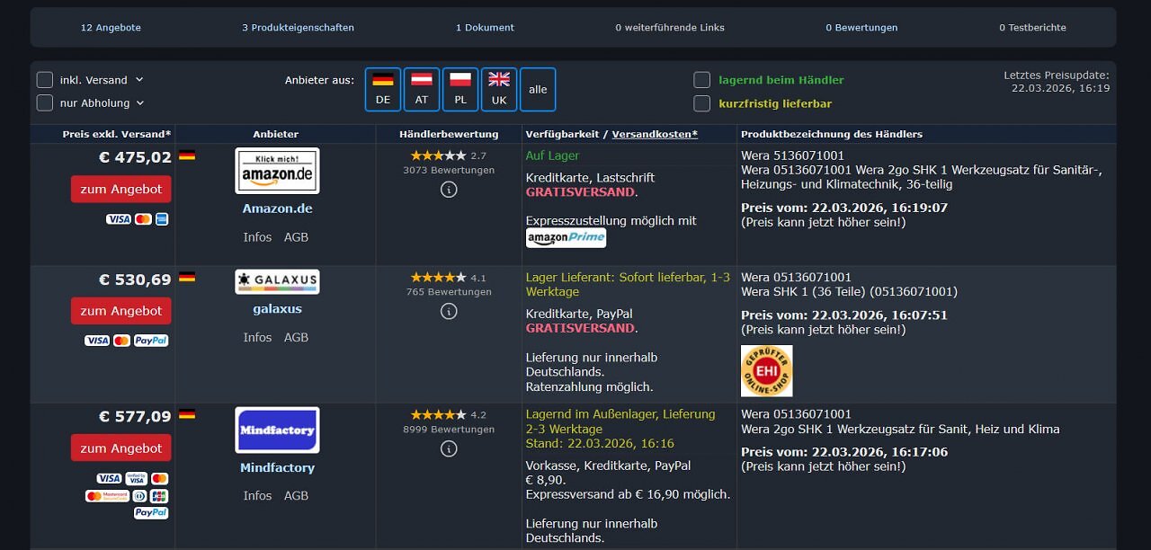 Wera 2go SHK 1 Werkzeugsatz ist bei Amazon klar günstier als in anderen Shops.