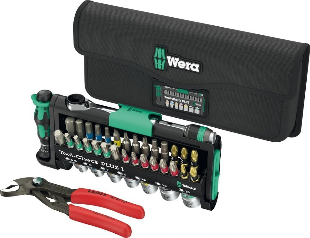 Die Tool-Check Combi 1 von Wera und Knipex enthält Bits, Rasche und eine Wasserpumpenzange plus Tasche.