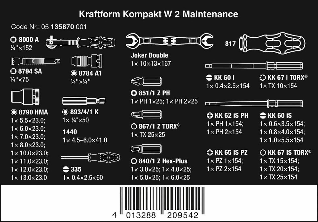 Das Wera Kraftform Kompakt W2 Wartung setzt auf einen Joker Maulschlüssel, die Zyklop Ratsche und VDE-Bits.