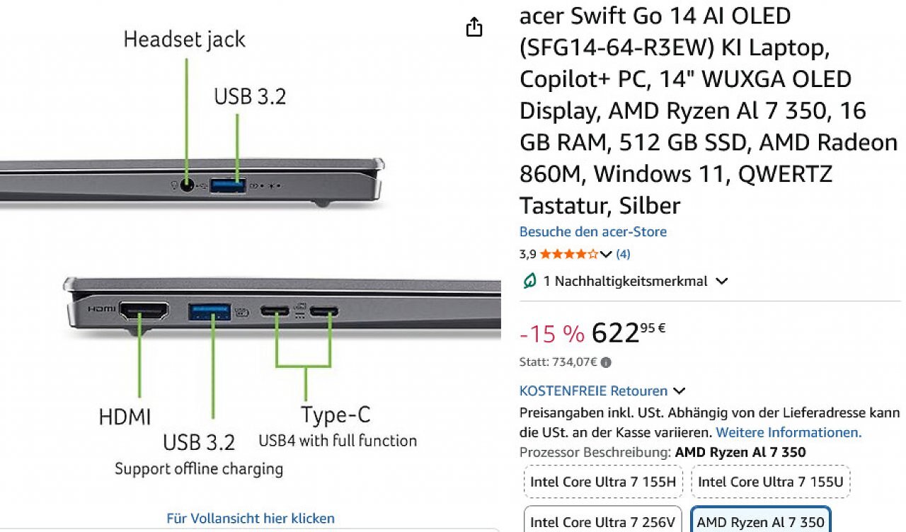 [16/04/2026] Gleich mehrere USB4-Buchsen sind für 622,95 Euro klar überdurchschnittlich.