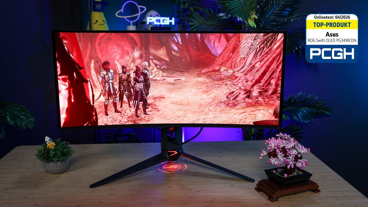 [07/04/2026] Leuchtstark und mit abermals knackigeren Kontrasten: Dank QD-OLED Gen 5. darf der Asus ROG Swift OLED PG34WCDN mit maximal 1.300 cd/m² strahlen - so hell wie kein PC-Monitor mit QD-OLED bisher. Asus' Blackshield-Folierung minimiert obendrein das von vorherigen QD-OLED-Panels bekannte 