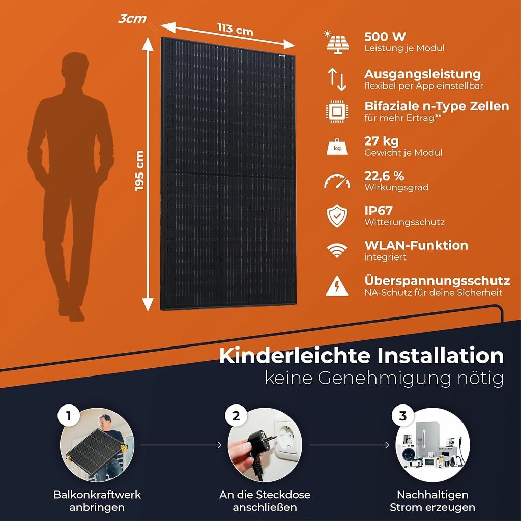 Das 1000-Wp-Balkonkraftwerk von Solarway setzt auf zwei bifaziale 500-Wp-Glas-Glas-Module.