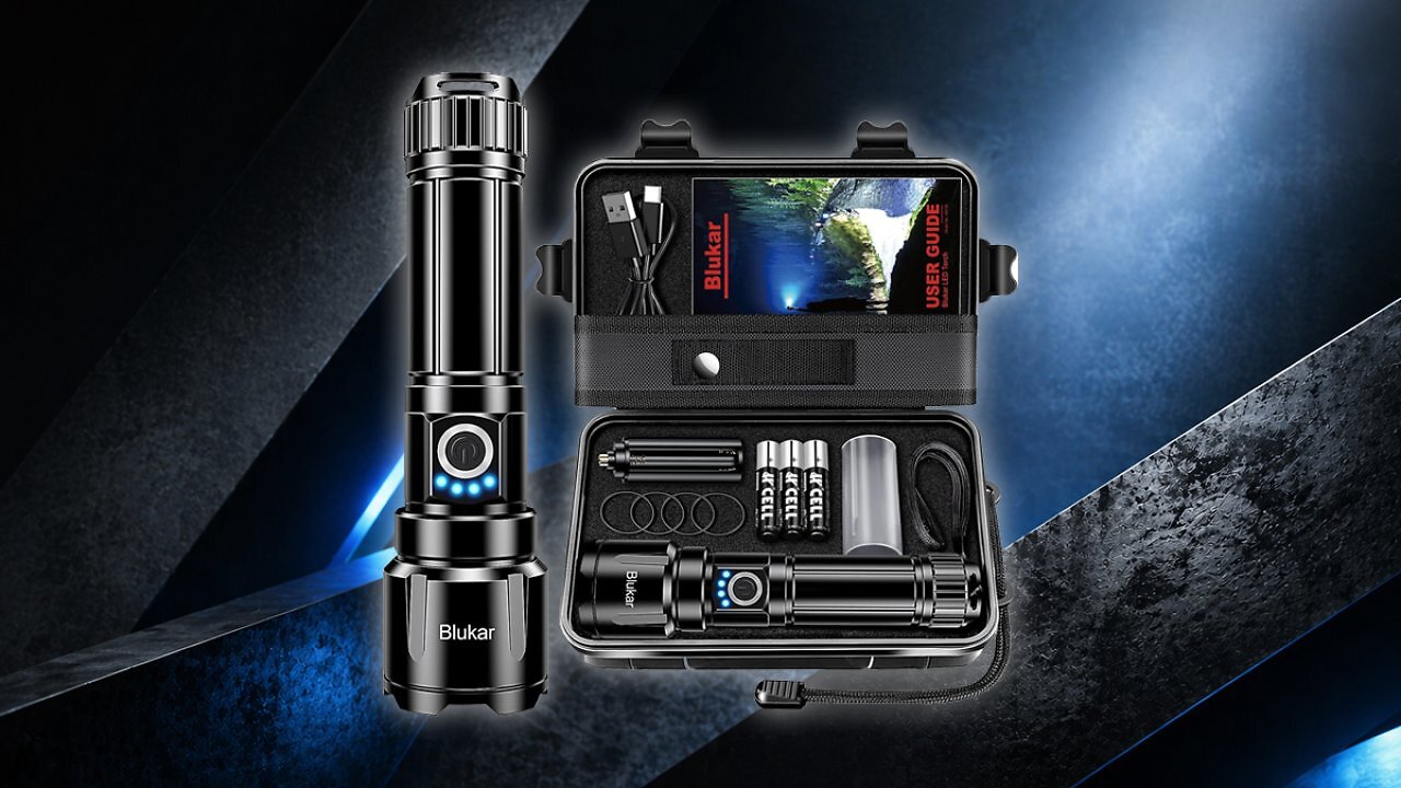[28/04/2026] Blukar Taschenlampe LED Aufladbar, Extrem Hell Hohe Helligkeit Zoombar Taschenlampen Starke mit 5 Lichtmodi, IP67 Wasserdichte Flashlight Torch für Camping, Wandern, Outdoor, Angeln, Notfäll [Energieklasse A+++] Amazon Angebot