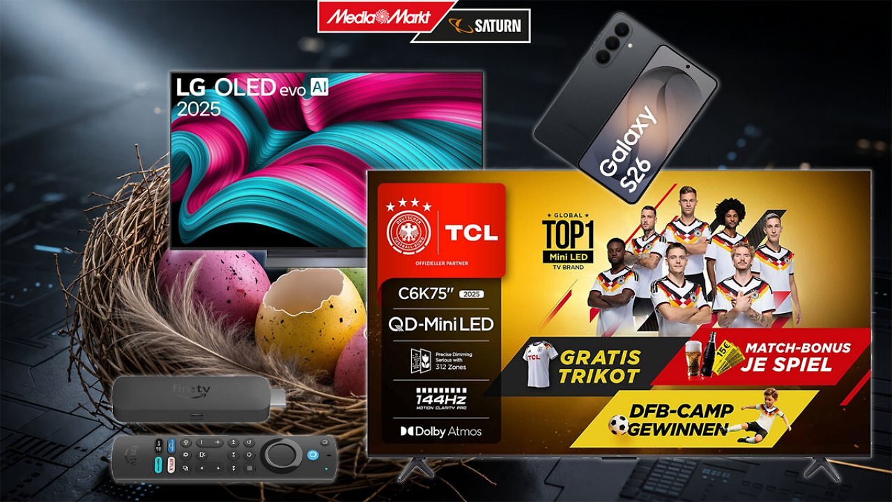 [03/04/2026] Oster-Angebote bei MediaMarkt: LG OLED C5 zum Tiefstpreis, TCL-TV mit Gratis-DFB-Fan-Trikot, und mehr.