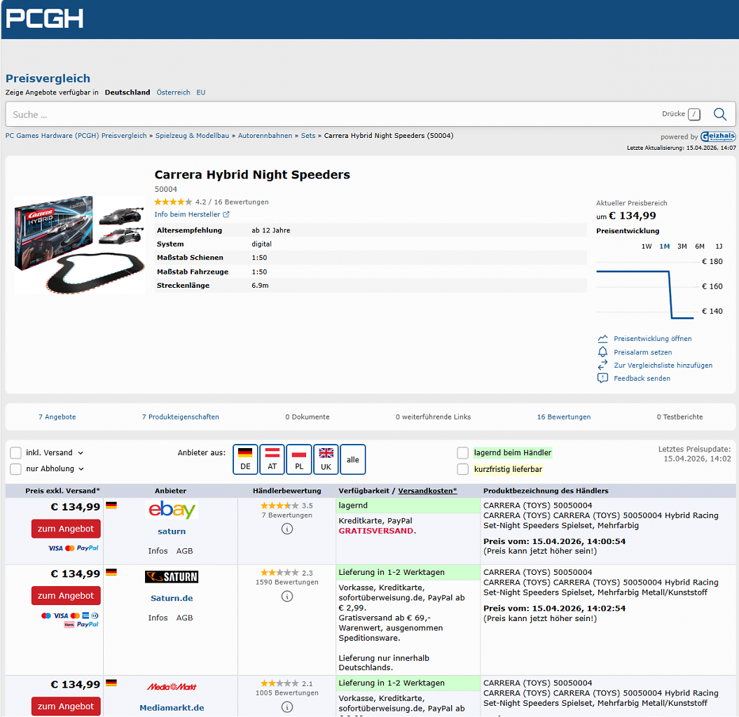 [15/04/2026] PCGH-Preishistorie zur Carrera Hybrid mit Porsche 911 (Stand: 15.04.2026).