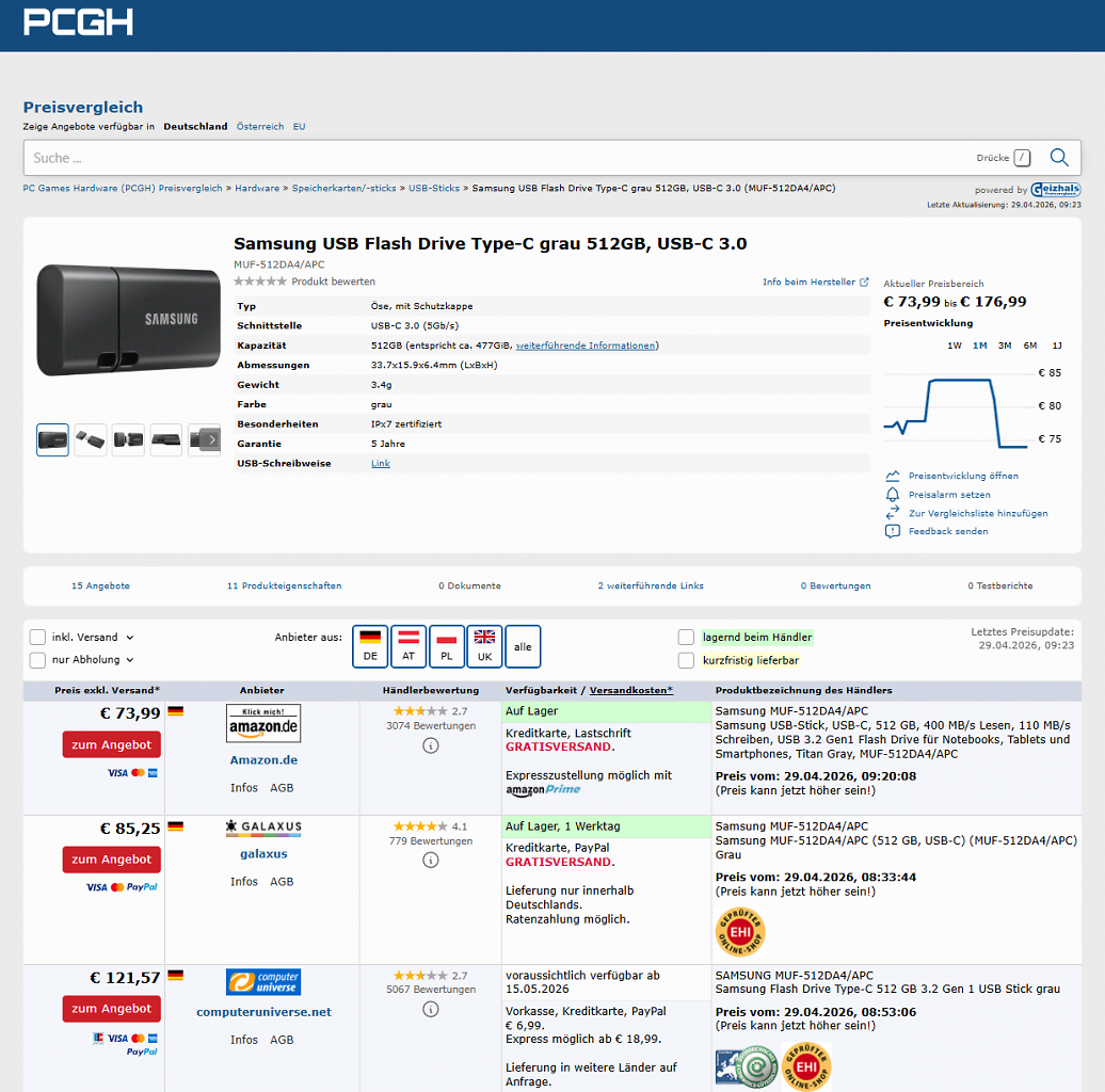 [29/04/2026] PCGH-Preisvergleich zum Samsung USB-C-Stick MUF-512DA4 (Stand: 29.04.2026)