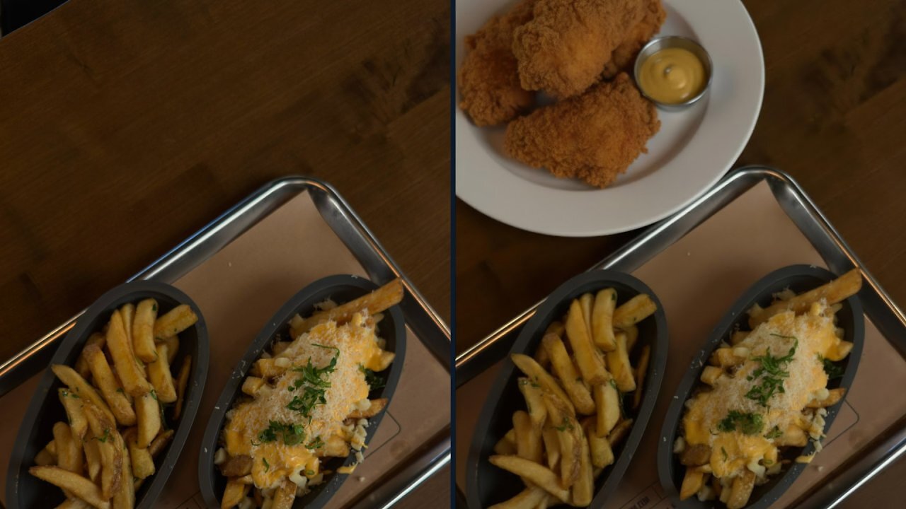 Zwei Bilder, einmal Pommes und einmal Pommes und Hähnchen
