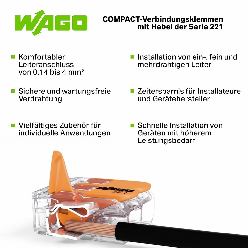 Wago Klemmen mit Hebel eignen sich für verschiedene Leiter.