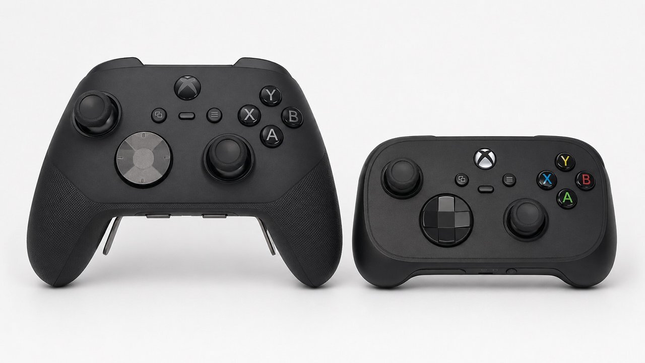 [15/05/2026] Illustration auf Basis der von Tecnoblog veröffentlichten Anatel-Bilder: links der mutmaßliche Xbox Elite Controller Series 3, rechts der kompaktere Cloud-Controller.