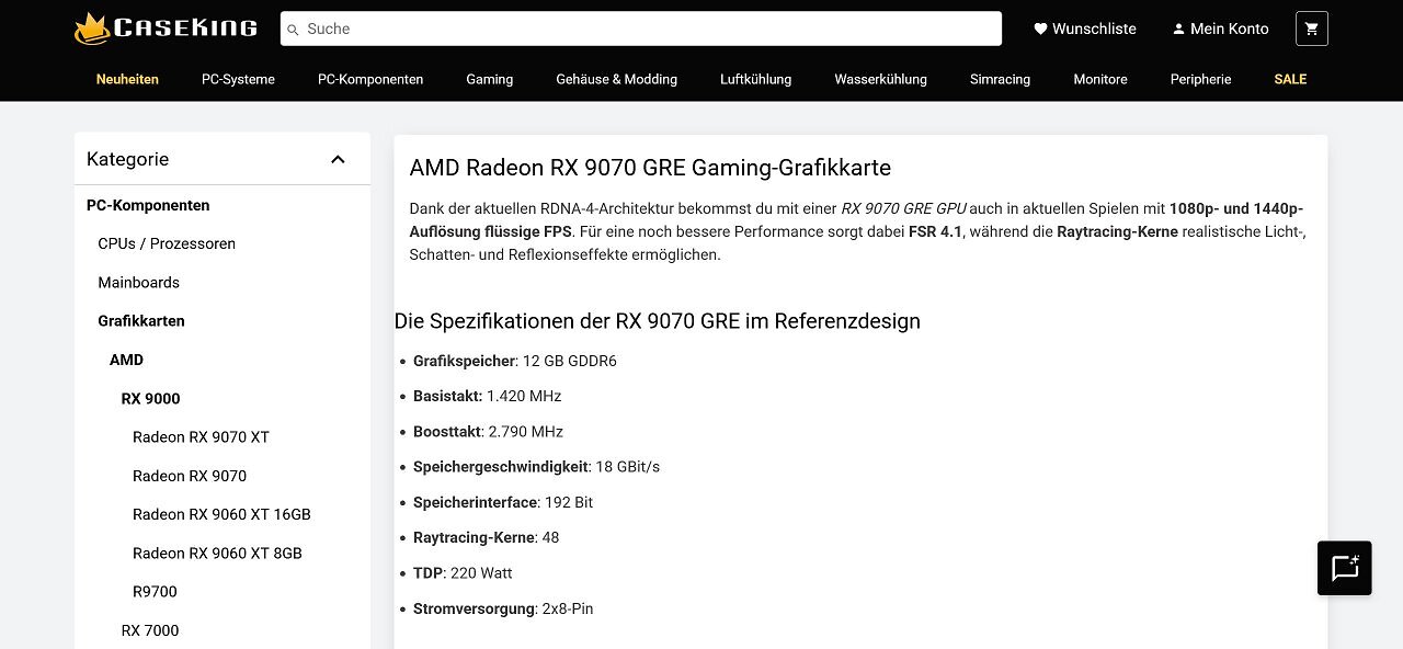 Die Website von Caseking führt die AMD Radeon RX 9070 GRE auch breits.