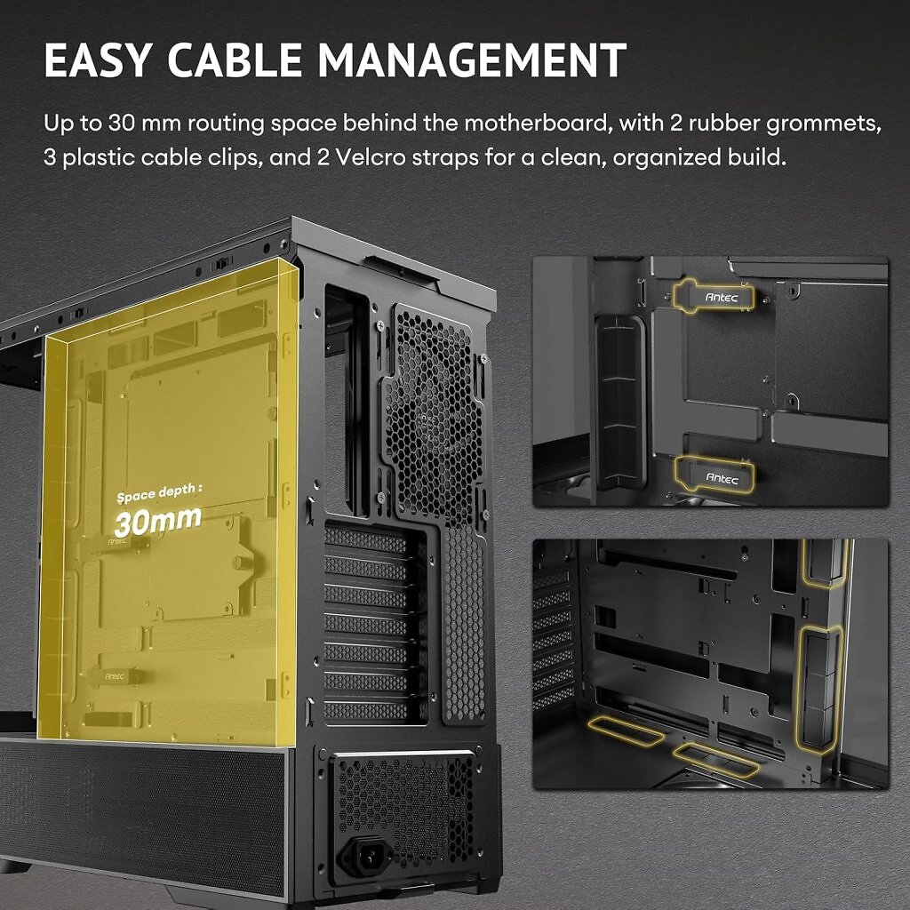 [13/05/2026] Das C6 Curve Air bietet laut Antec bis zu 30 mm Raum für Kabel hinter dem Mainboard-Tray.