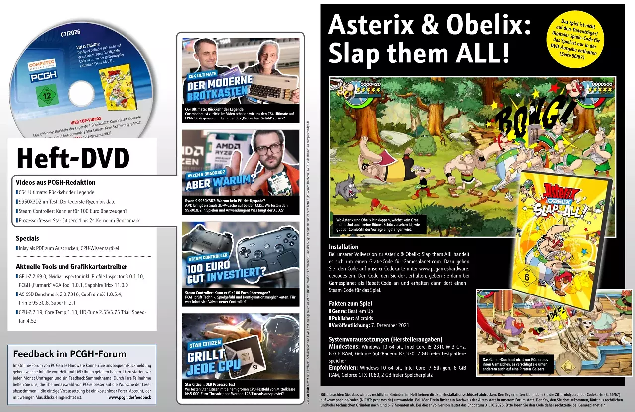 [25/05/2026] In der DVD-Ausgabe finden Sie nicht nur weitergehende Artikelmaterialien, Videos und Tools, sondern auch Asterix & Obelix: Slap them All als Steam-Key.