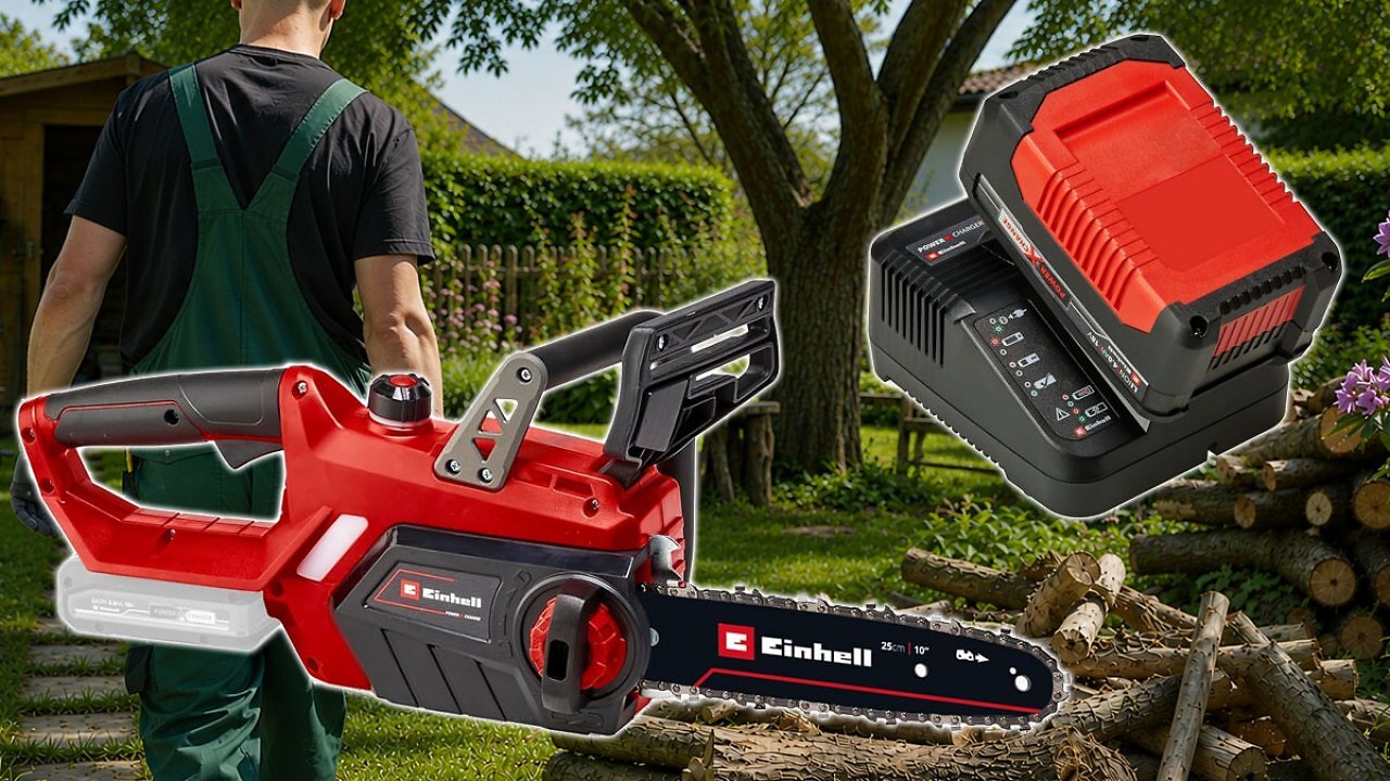 [27/05/2026] Befristet bei Amazon mit 8 € Aufpreis: Set aus Einhell Kettensäge mit 4 Ah 18V-Akku plus Lader (1)