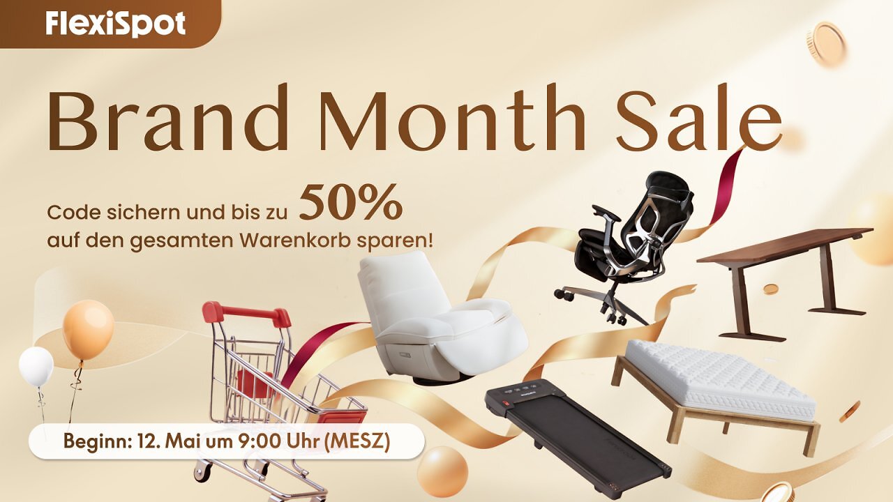 [07/05/2026] FlexiSpot Brand Month: Bis zu 50 % Rabatt auf Tische und Stühle sowie Cashback-Aktion