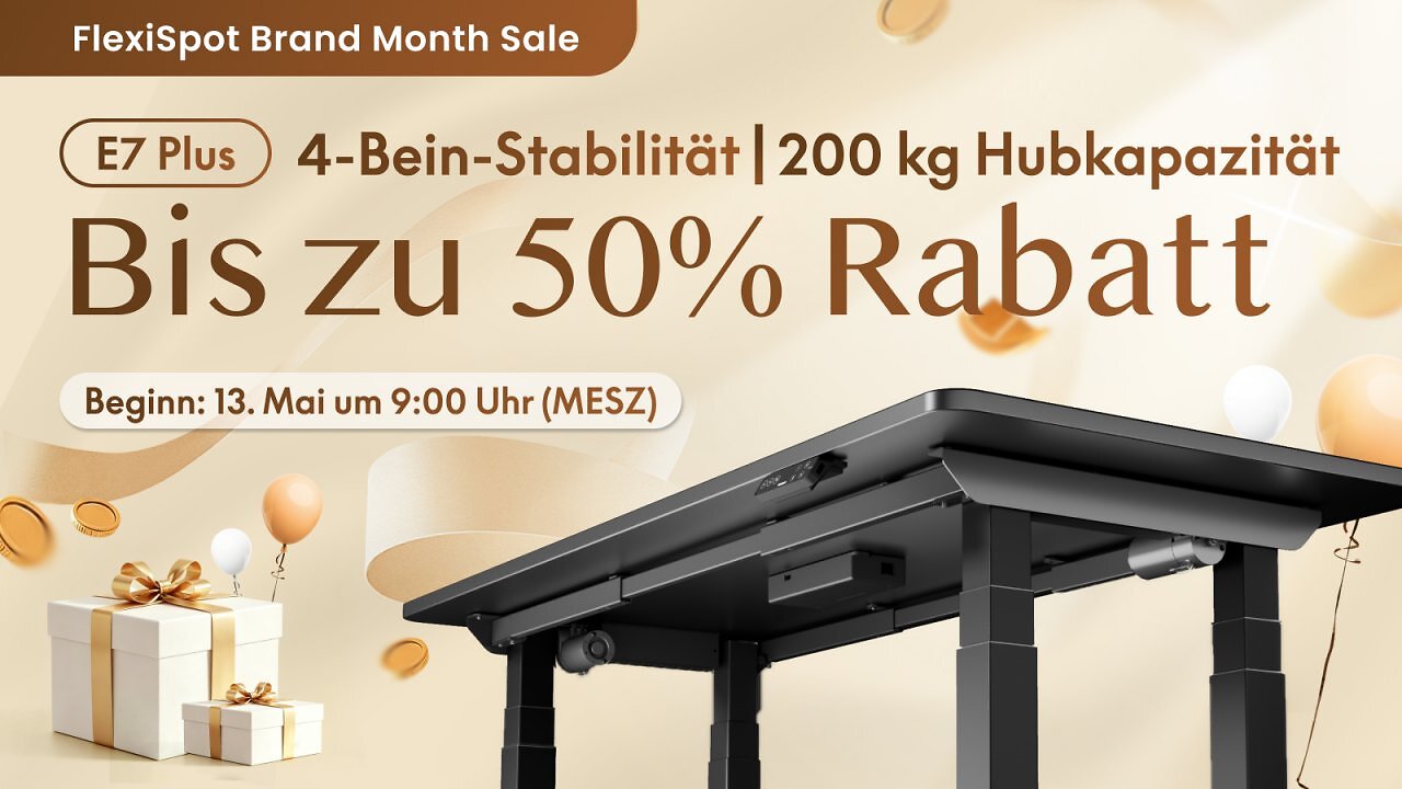[07/05/2026] Zu den ergonomischen, höhenverstellbaren Schreibtischen im Flexispot Brand Month Sale gehört auch der vierbeinige E7 Plus. Der überzeugt im Test mit einem absolut sicheren Stand und 200 kg Traglast.