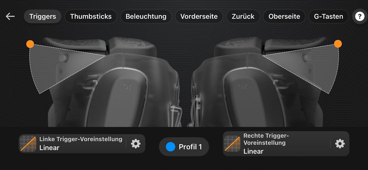 [12/05/2026] Die Empfindlichkeit der Trigger und Thumbsticks lässt sich mit fünf Voreinstellungen und minimalem/maximalem Totpunkt bis zu 0 Prozent sehr fein einstellen.