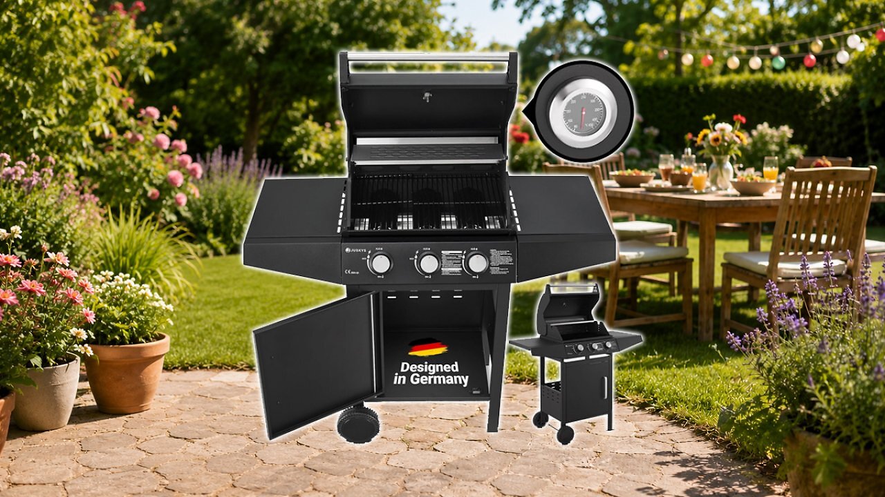 [27/05/2026] Juskys Gasgrill Louisiana 3 Brenner 8,1 kW – BBQ Grillwagen mit Deckel, Grillrost & Warmhalterost, Grill mit Thermometer, Seitenablagen & Abdeckplane Amazon Angebot