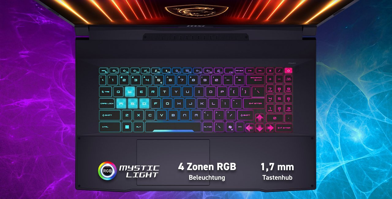 Die Gaming-Tastatur mit praktischem Ziffernblock verfügt über eine RGB-Beleuchtung, die sich in vier Zonen mit eigenem Farbschema und vielen Effekten über das MSI Mystic Light Tool individualisieren lässt