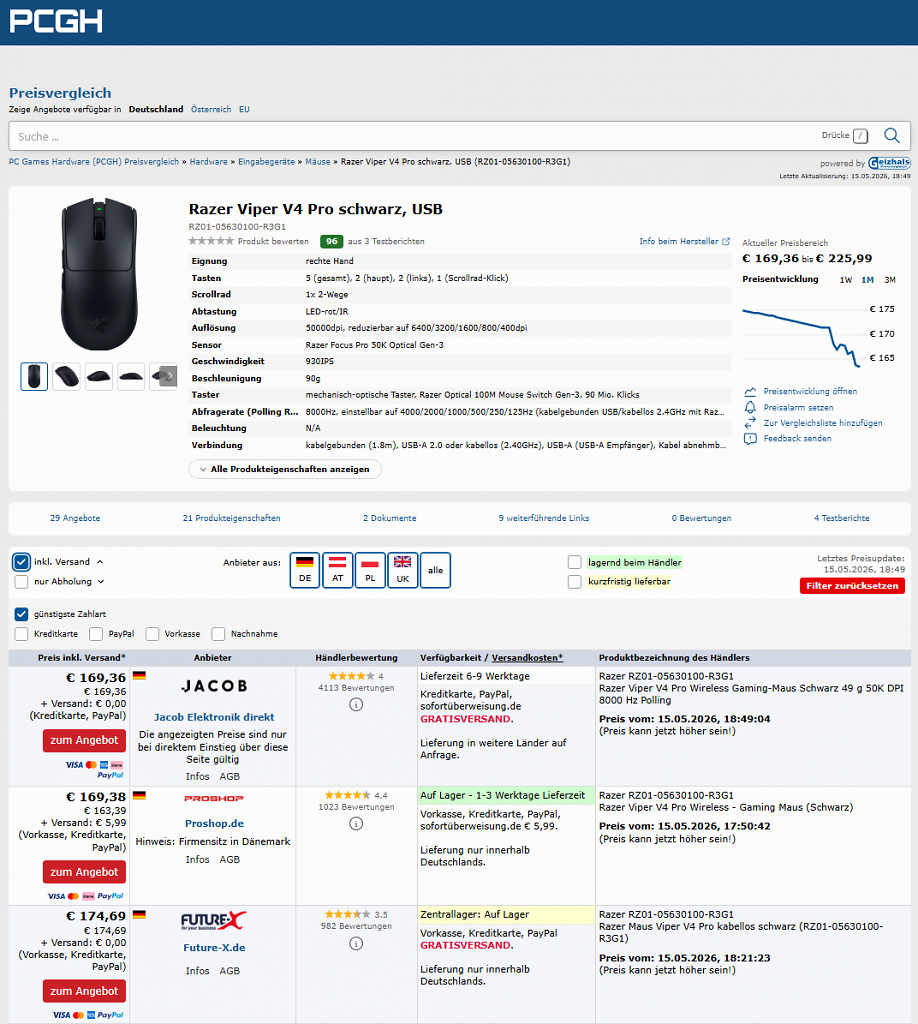 [15/05/2026] PCGH-Preisvergleich zur Razer Viper V4 Pro Schwarz (Stand: 15.05.2026).