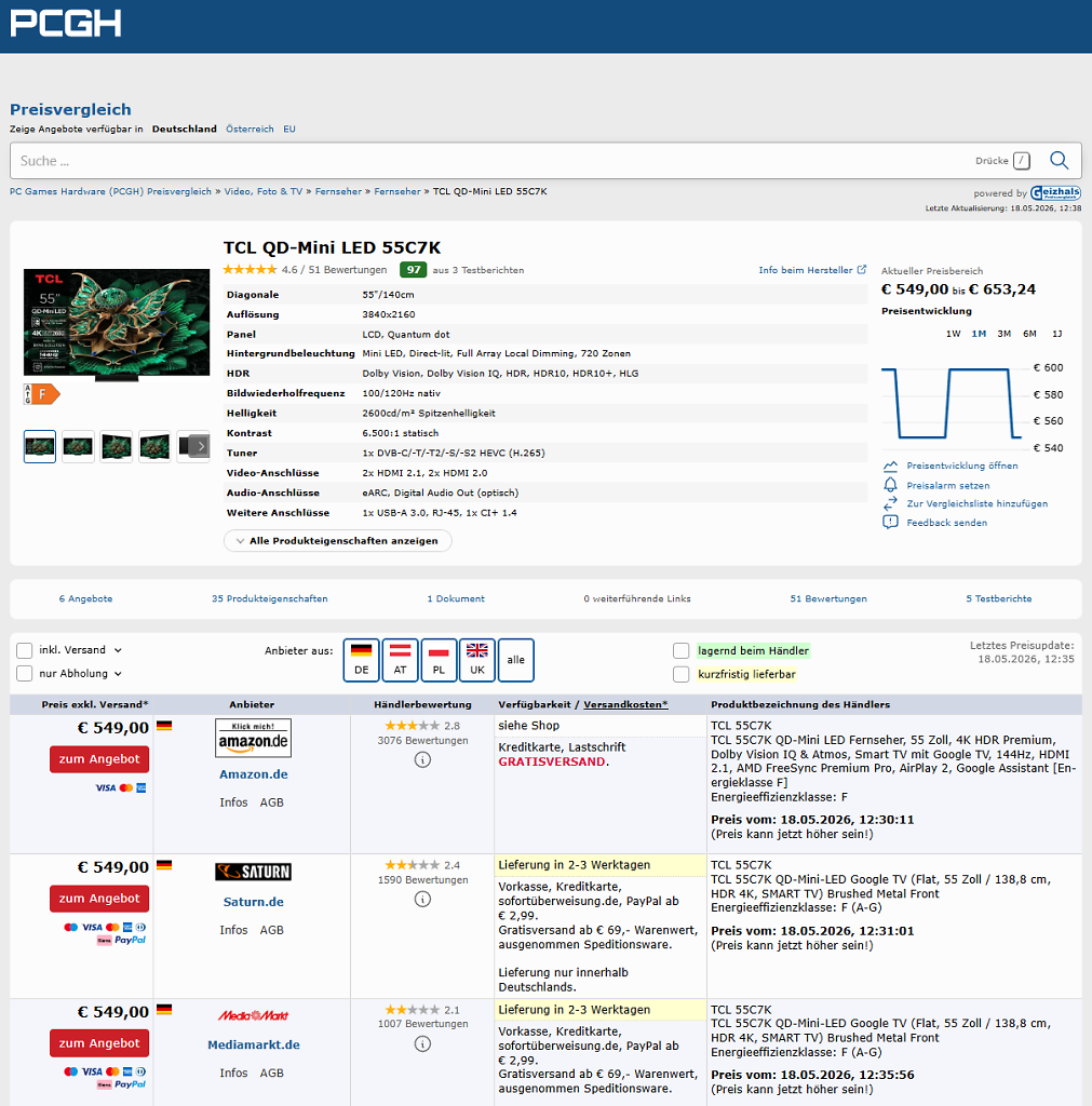 [18/05/2026] PCGH-Preisvergleich zum Mini-LED-TV TCL 55C7K (Stand: 18.05.2026).
