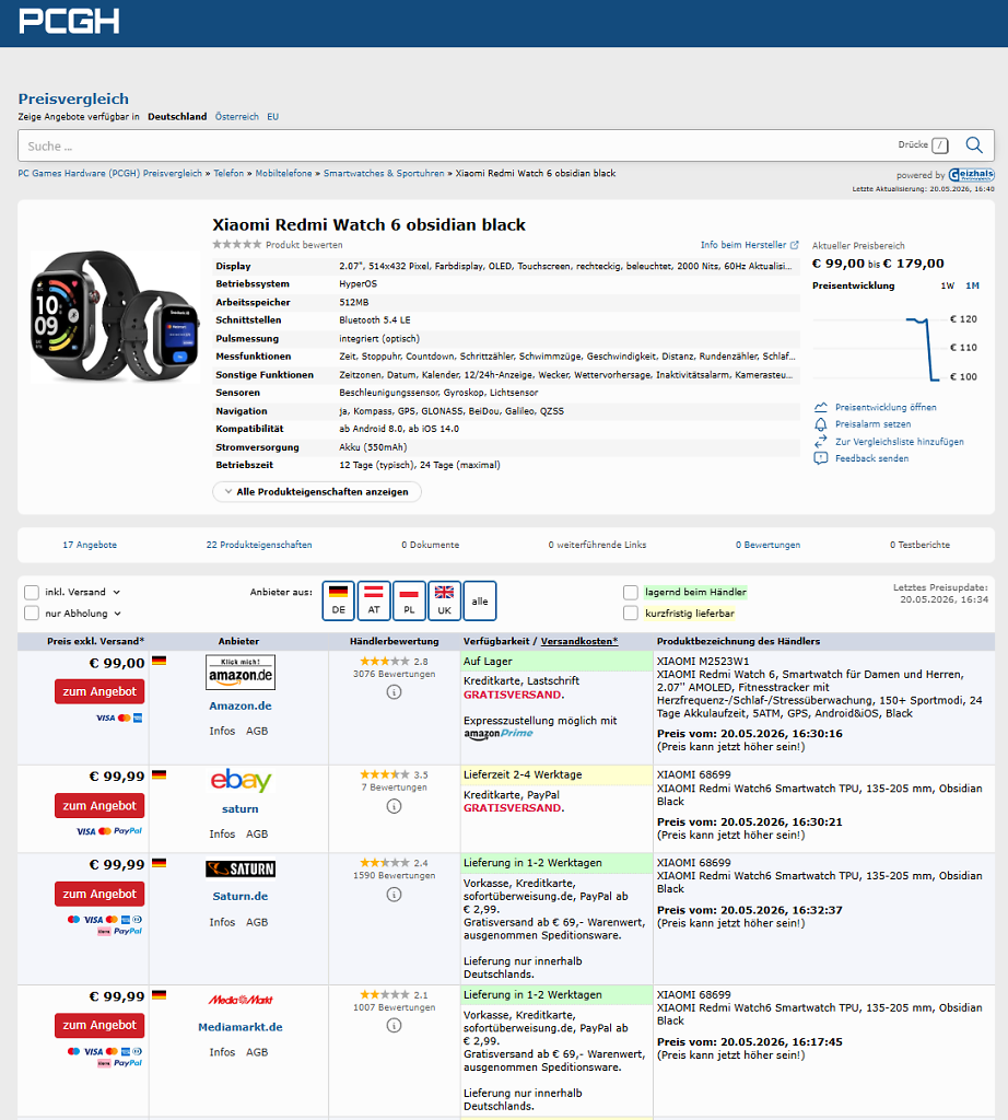 [20/05/2026] PCGH-Preisvergleich zur Xiaomi Redmi Watch 6 (Stand: 20.05.2026).