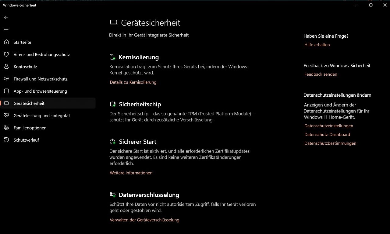 Die App Windows-Sicherheit bietet unter "Sicherer Start" eine Anzeige des aktuellen Status für die Secure-Boot-Zertifikate.