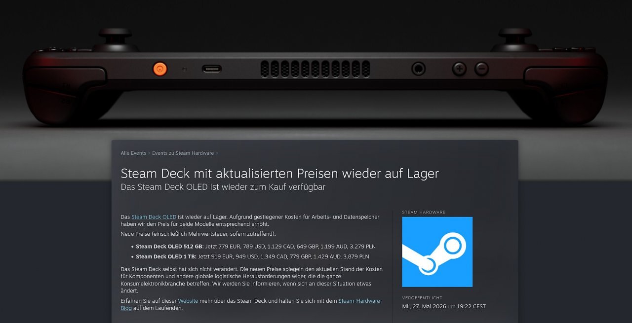 Stellungnahme von Valve zu den neuen Preisen des Steam Deck OLED.
