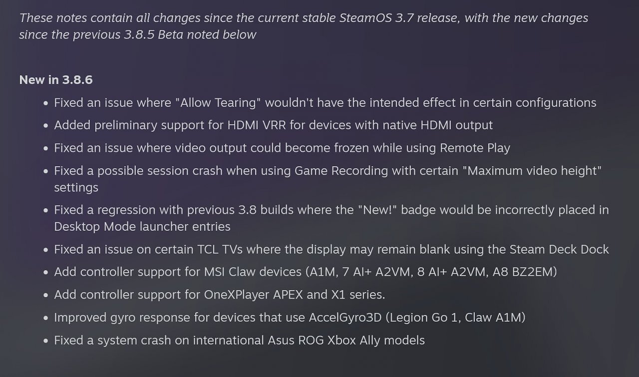[30/05/2026] SteamOS 3.8.6 Beta: Die Release Notes weisen der Support für HDMI-VRR aus.