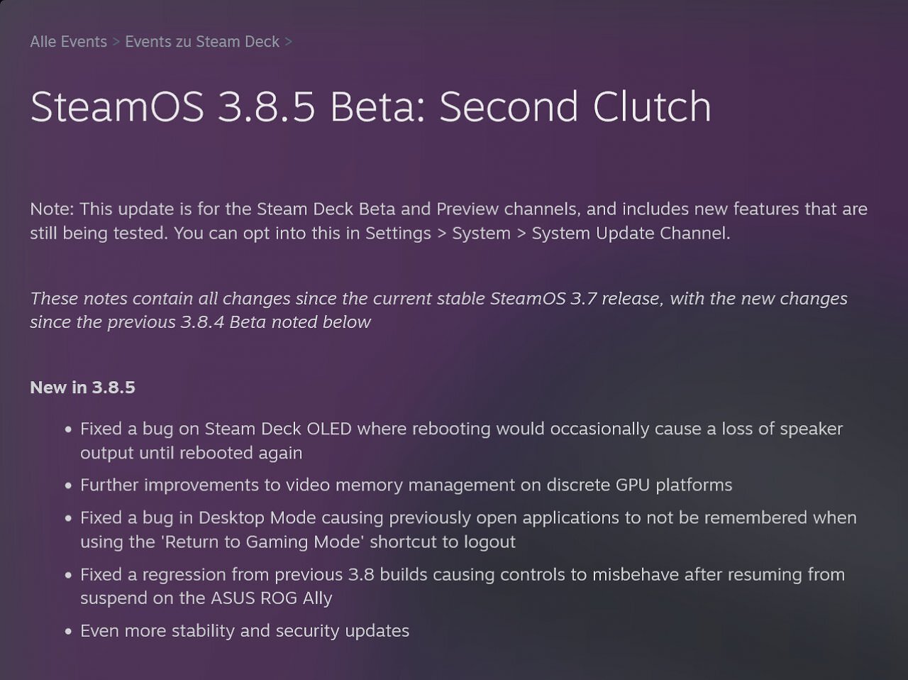 Die Release Notes von SteamOS 3.8.5 Beta listen zahlreiche Optimierungen