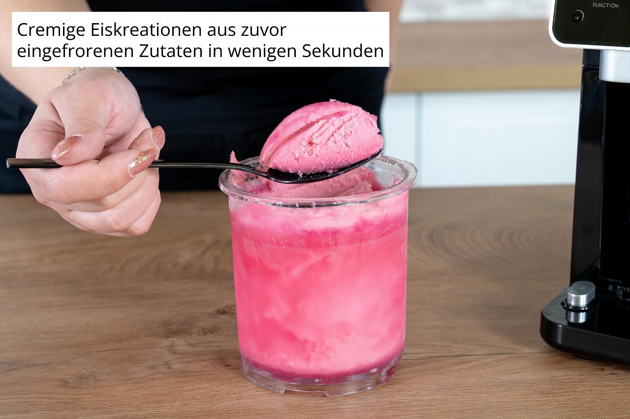 [22/05/2026] Aus gefrorenen Zutaten wird Eis: Die Unold Cream Dream verarbeitet vorbereitete Becher zu Eiscreme, Sorbet, Slush oder Frozen Drinks.