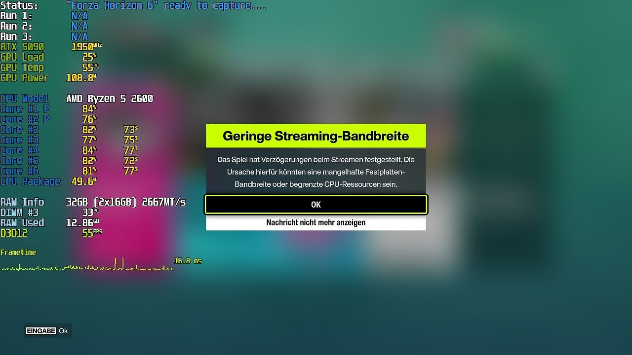 [13/05/2026] Forza Horizon 6 ist so freundlich, Ihnen mitzuteilen, wenn Ihre CPU (oder Festplatte) nicht über ausreichend Leistung verfügt. Im Spiel äußert sich das durch starke Ruckler und Hänger.