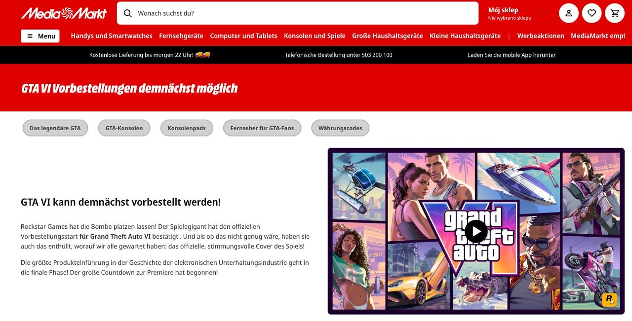 [24/06/2026] Für unseren Screenshot haben wir die Landingpage von MediaMarkt Polen vom Browser ins Deutsche übersetzen lassen.