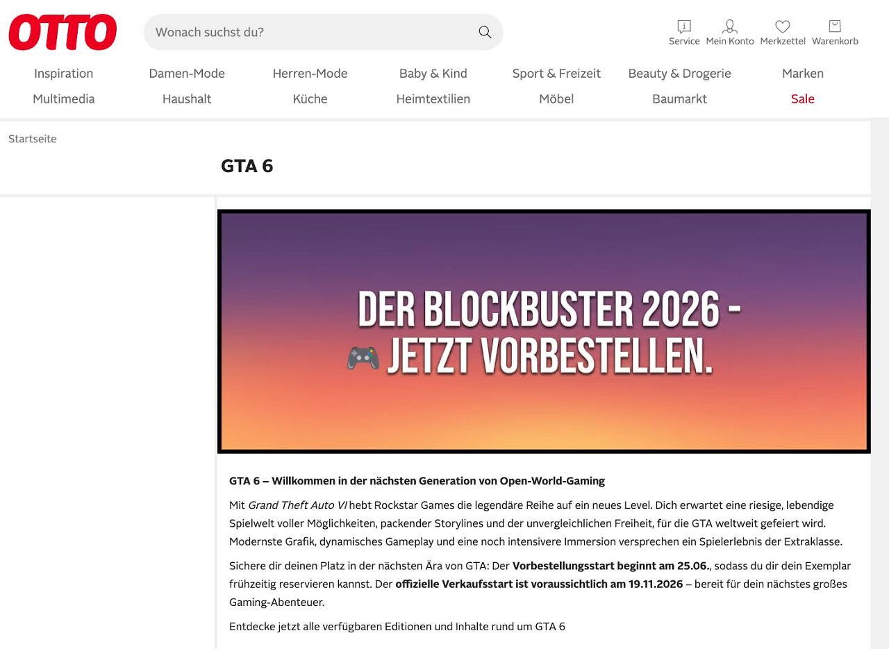 [24/06/2026] Bei Otto gibt es bereits eine Landingpage für den Vorbestellstart von GTA 6.