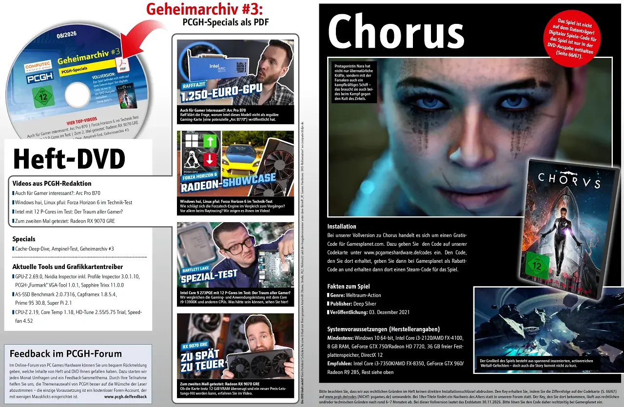 [26/06/2026] In der DVD-Ausgabe finden Sie nicht nur weitergehende Artikelmaterialien, Videos und Tools, sondern auch Chorus als Steam-Key.