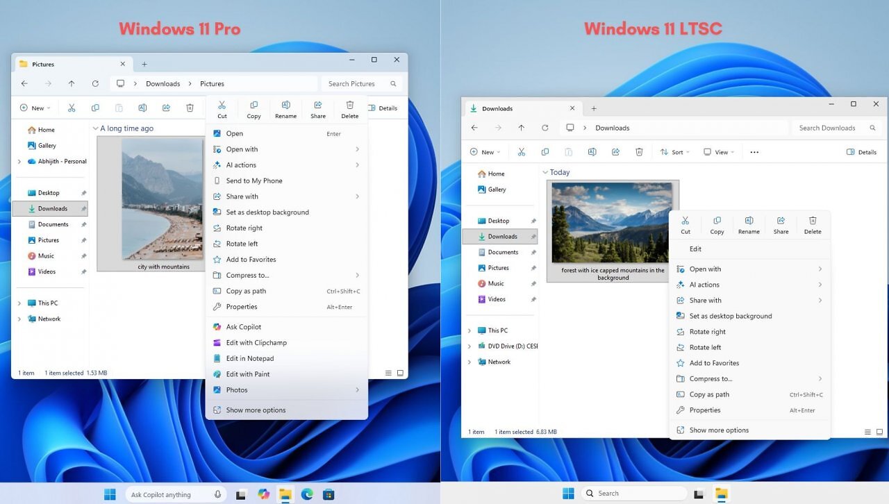[04/06/2026] Das Kontextmenü von Windows 11 LTSC ist deutlich übersichtlicher als das von Windows 11 Pro.